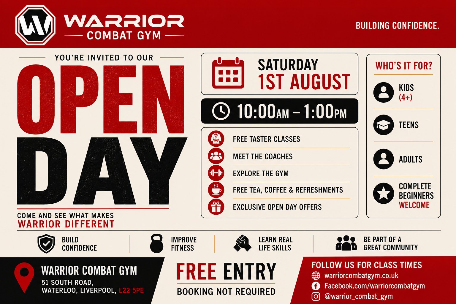 Warrior Combat Gym open day, Saturday 1 August, 10am to 1pm. Free taster classes, meet the coaches, explore the gym, free refreshments and open day offers. Kids from 4, teens, adults and complete beginners welcome. Free entry, booking not required.