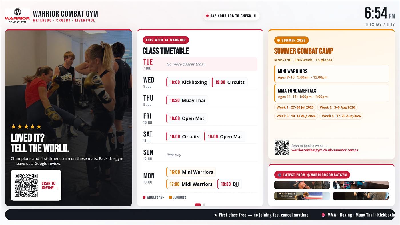In-gym signage board: timetable, summer camp, review QR, Instagram feed