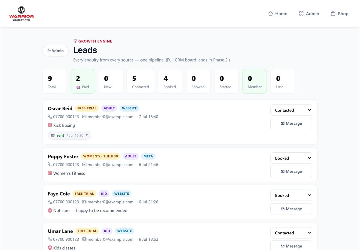 Leads pipeline with stages and last-contact