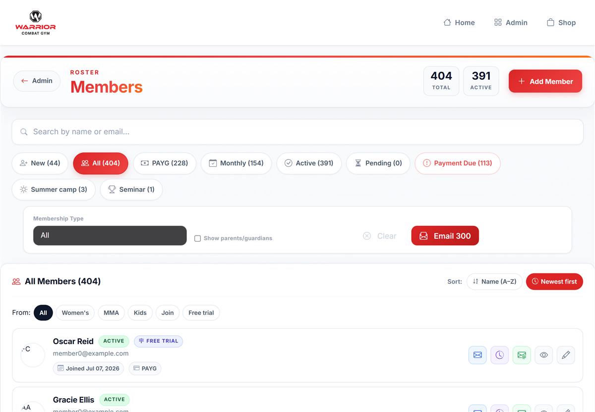 Members roster with filters