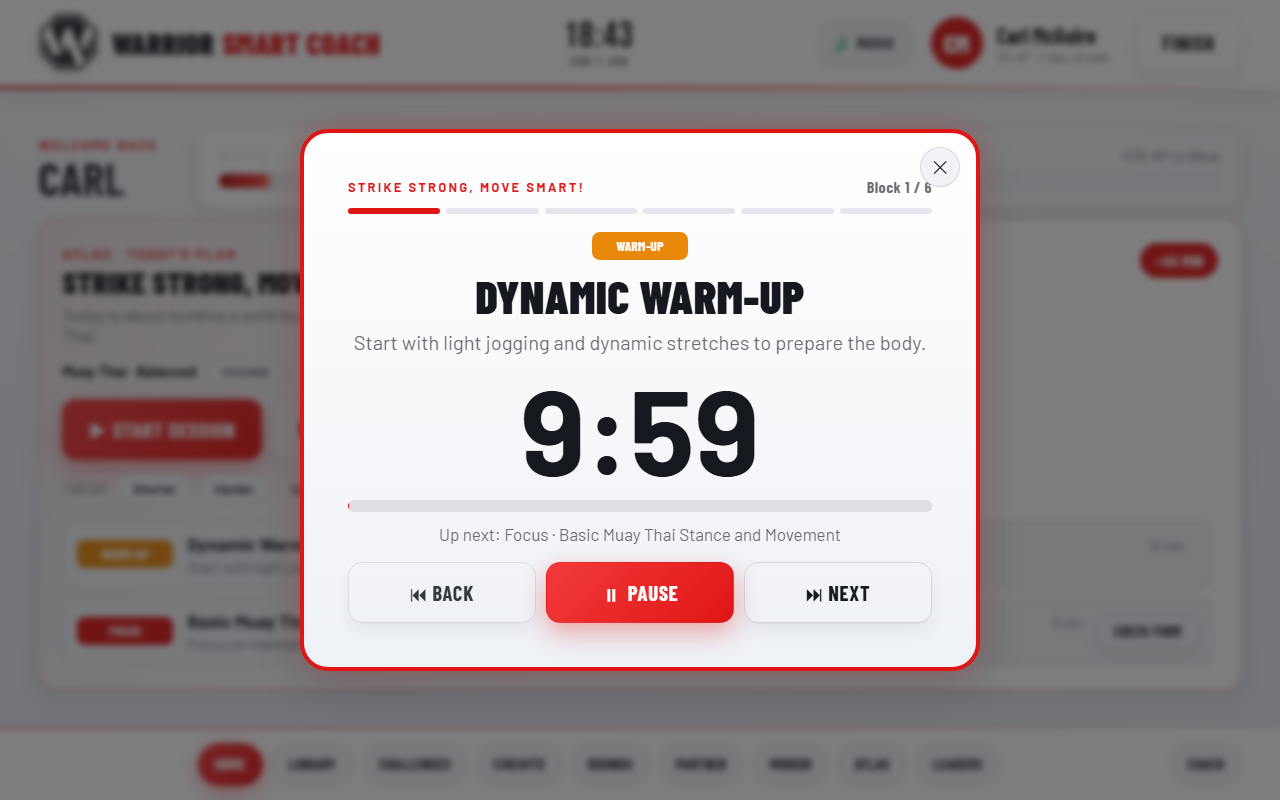 A guided session block on the Warrior Smart Coach