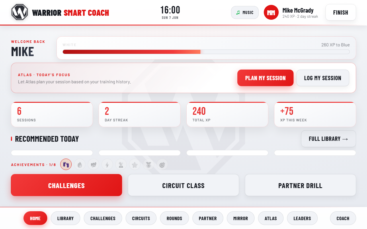 The Warrior Smart Coach home screen
