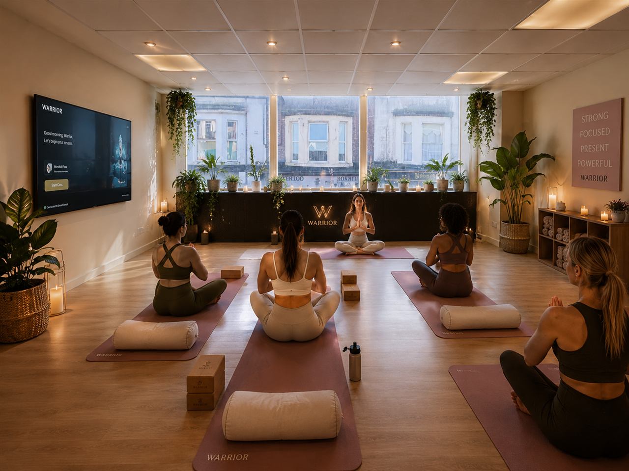 The studio set up with mats ready for a women's yoga class